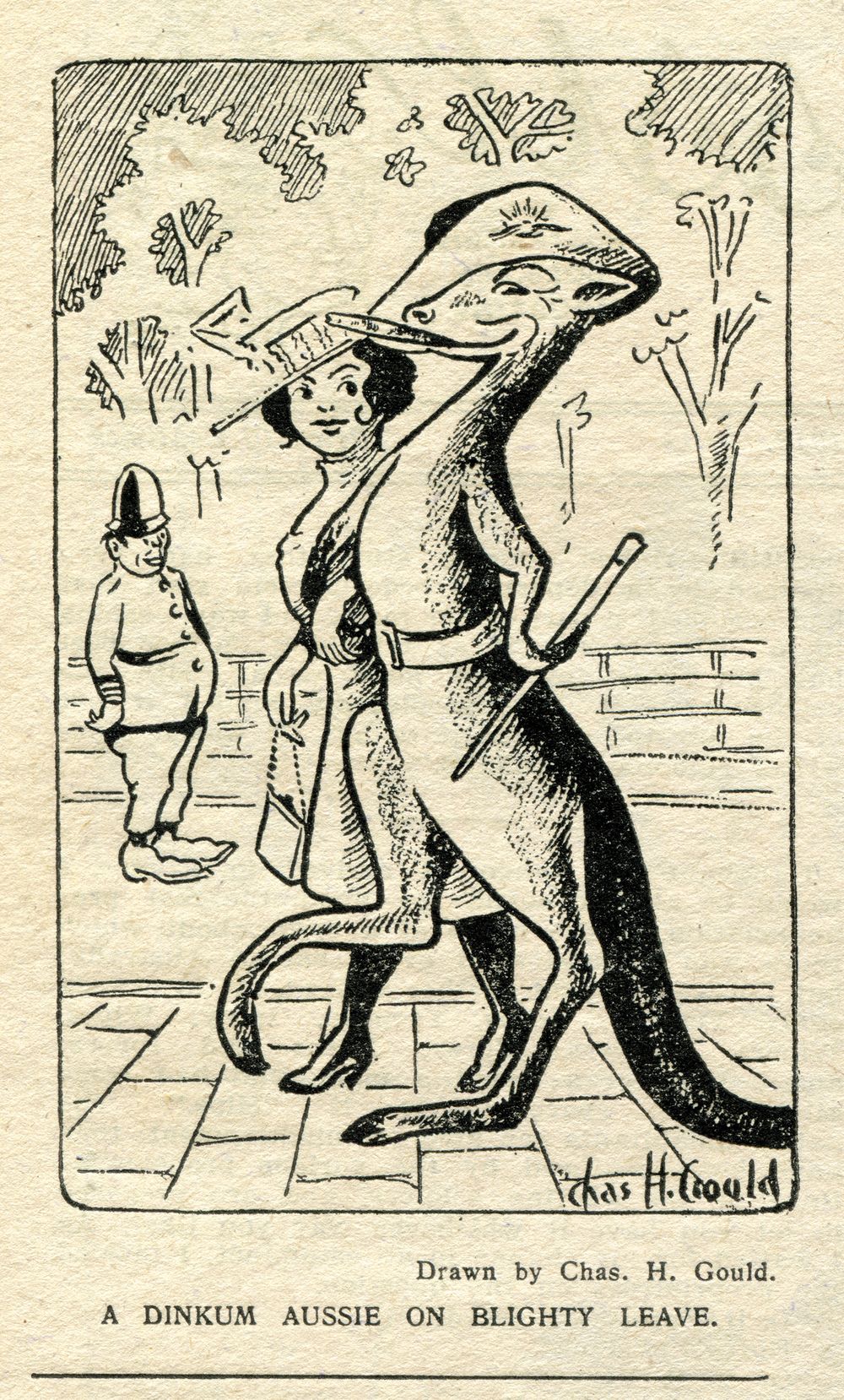 cartoon of woman walking with a kangaroo