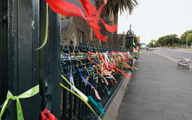 Ribbons outside St Patrick’s Cathedral, Ballarat. Photograph © Dave McDonald