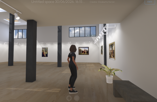 Virtual gallery visitor viewing framed paintings in a modern white space with black structural columns and natural lighting.