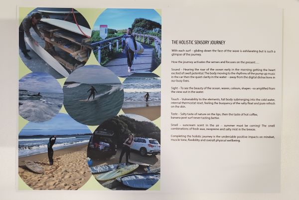 collage of photos of surfing, preparing surfboard, getting into wetsuit
