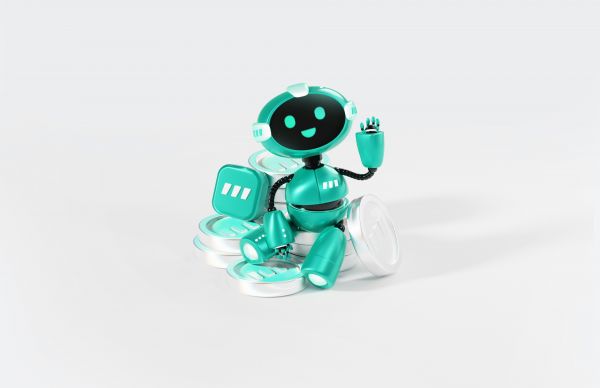 Happy little robot, smiling and waving at the camera