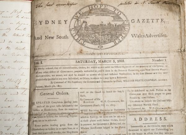 Image shows an old copy of the Sydney Gazette newspaper dated Saturday, March 5, 1803. The contents of the newspaper is indistinct.