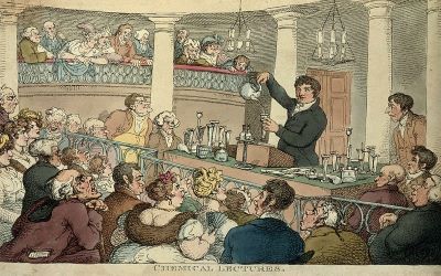 Coloured etching by Thomas Rowlandson of Humphry Davy lecturing at the Surrey Institution