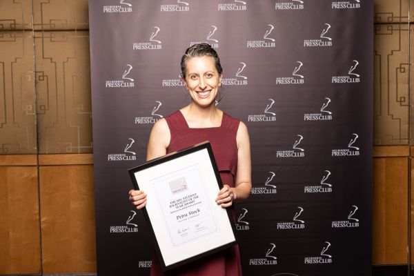 Petra Stock with the Student Journalist of the Year Award 2021. Image courtesy of the Melbourne Press Club.