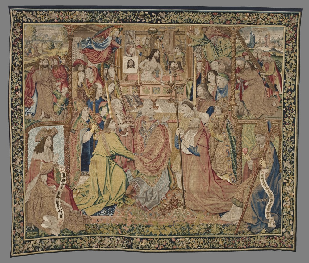 Tapestry showing the Mass of St Gregory, in which Christ as the Man of Sorrows appears on the altar as Gregory is saying mass