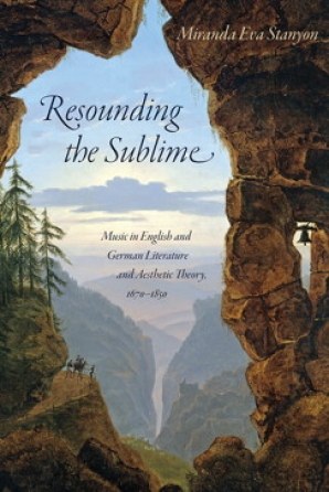 Book cover, resounding the sublime. View across a steep valley.