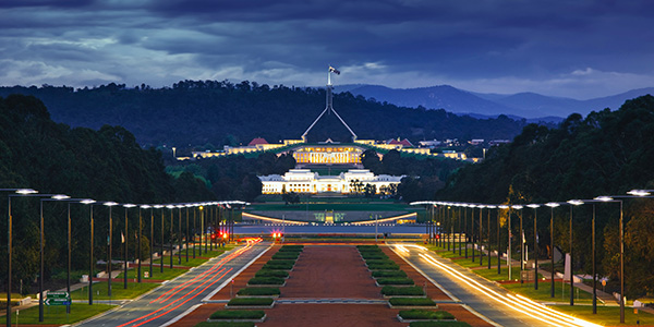 View of parliament house in Canberra at dusk