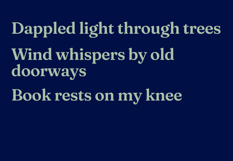 Haiku reads: Dappled light through trees, Wind whispers by old doorways, Book rests on my knee
