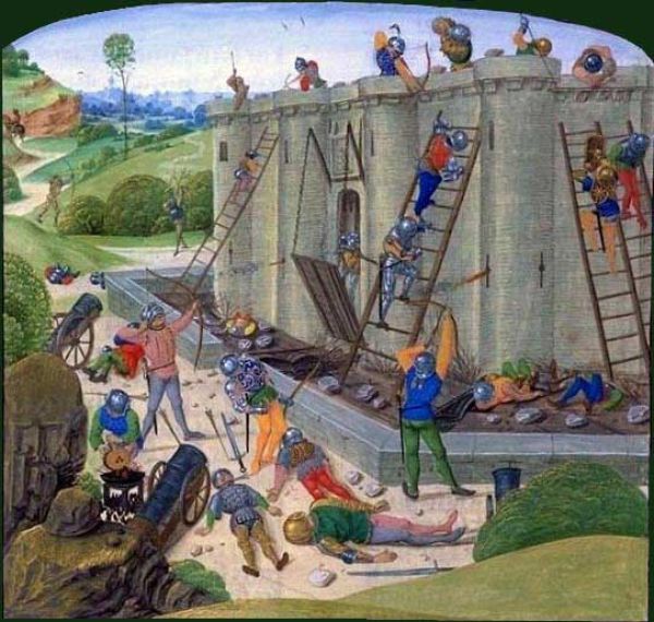 colorful painting of a castle siege, with many soldiers engaging in battle, climbing castle walls and firing arrows 