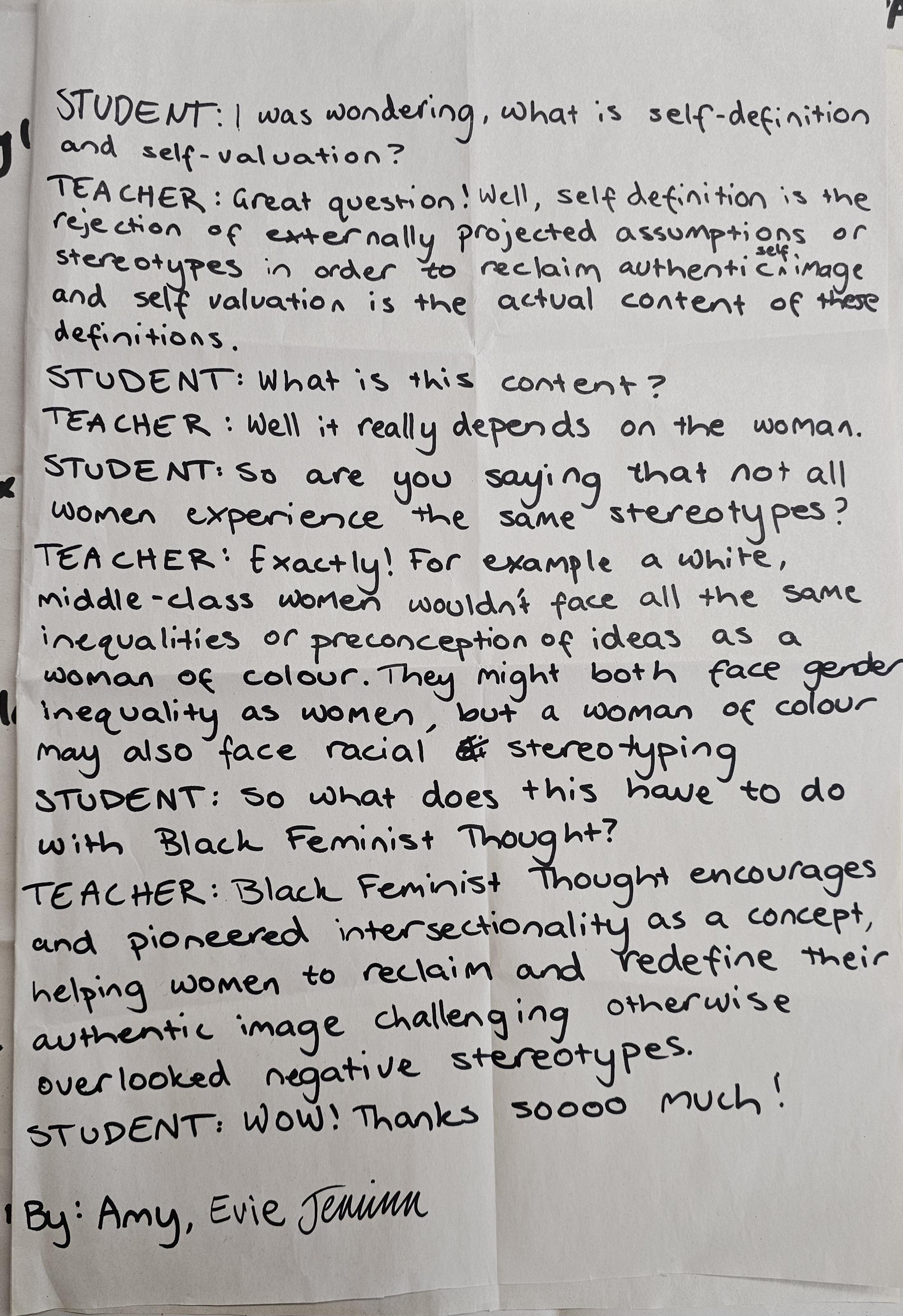 A dialogue written by sociology students simulating a conversation between a student and teacher