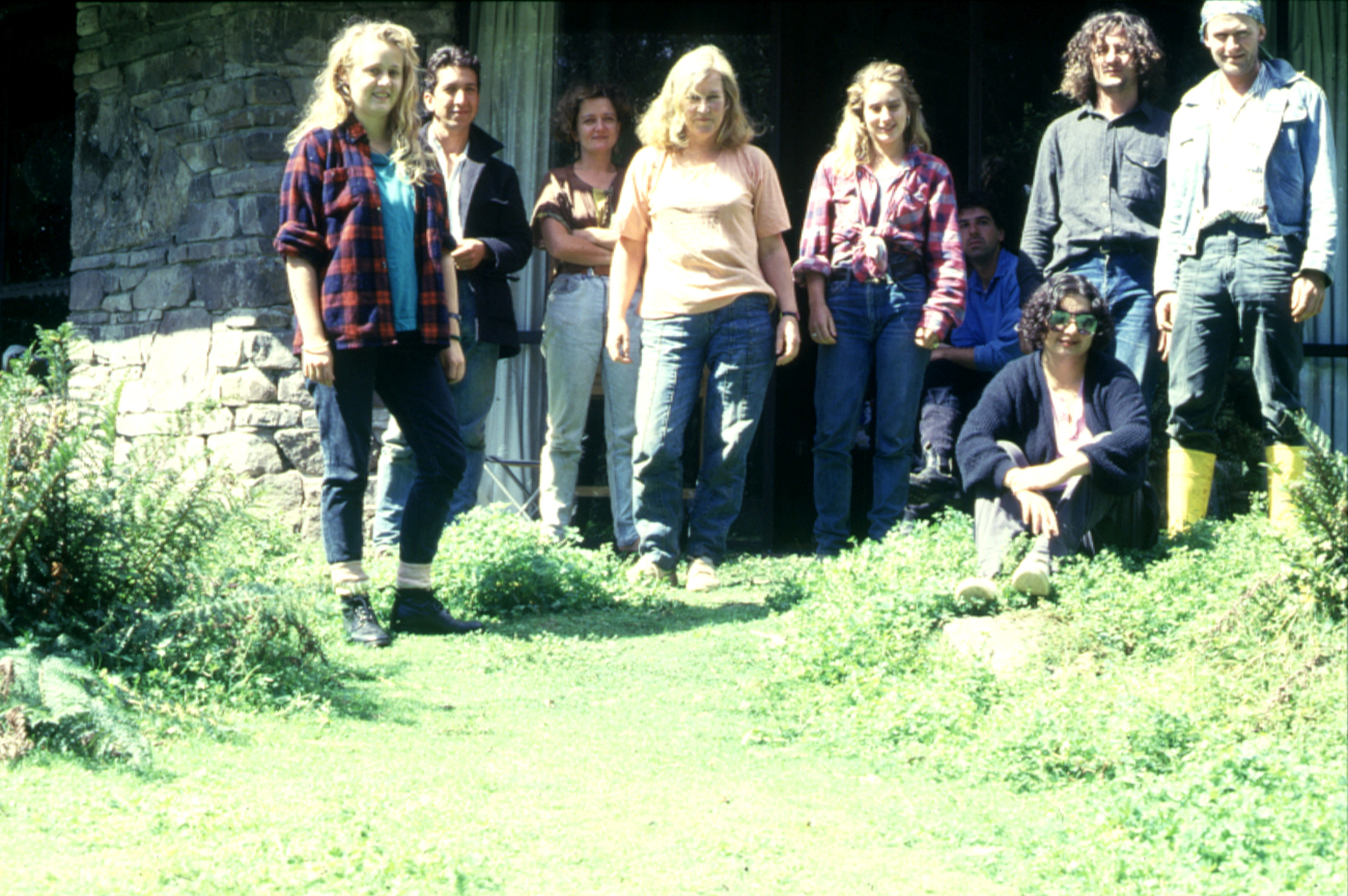 Val Plumwood fourth from left outside stone house she built with Richard Sylvan on Plumwood Mountain, 2004