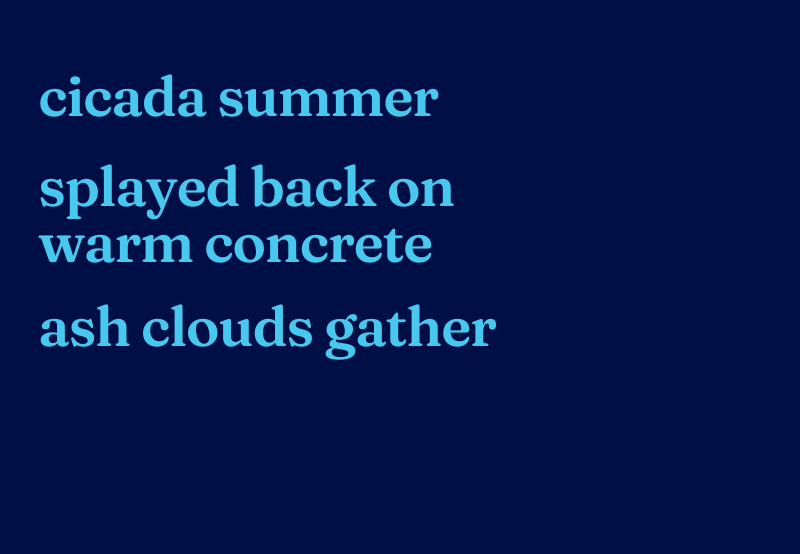Haiku reads: cicada summer, splayed back on warm concrete, ash clouds gather