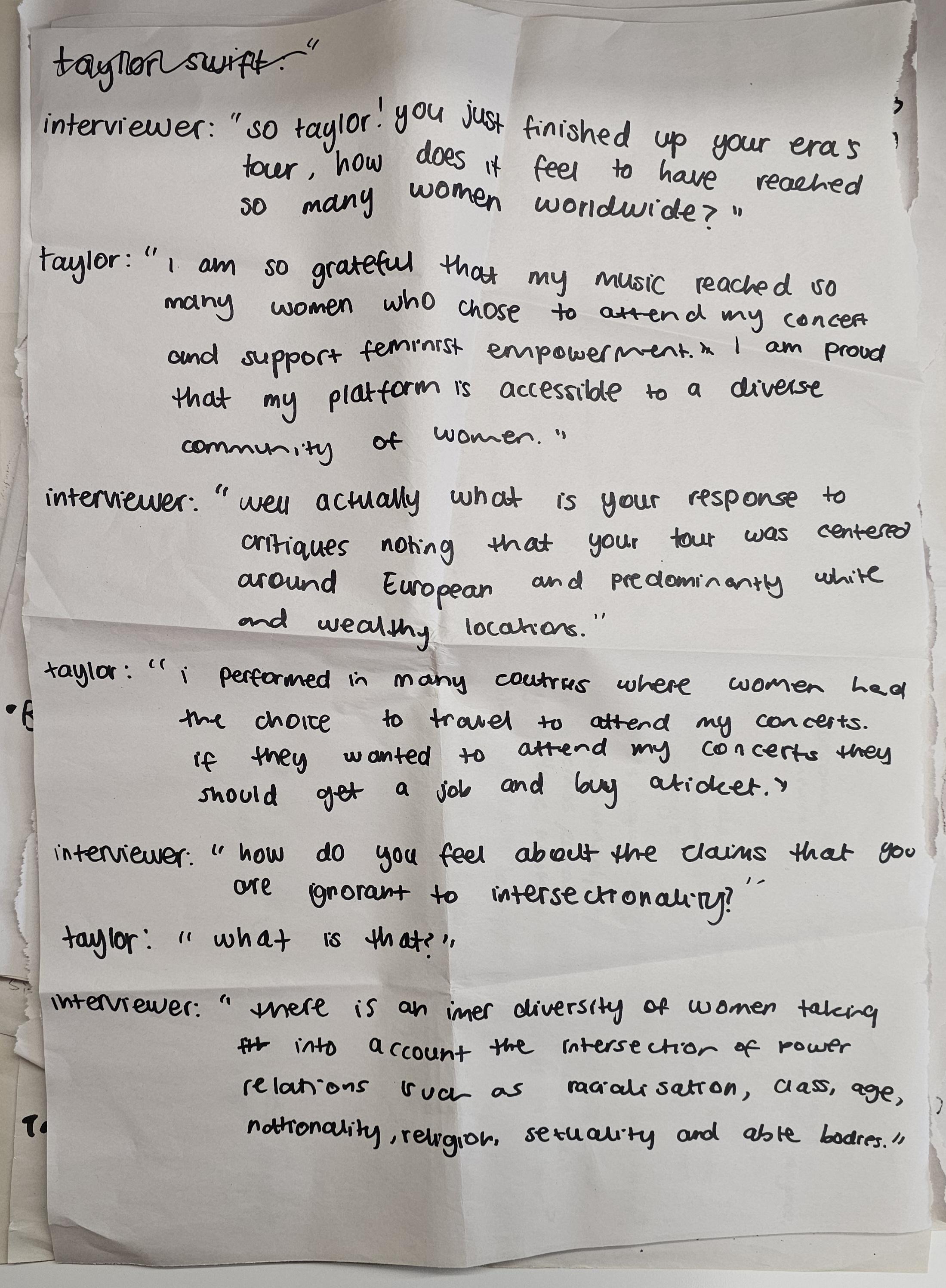 A dialogue script written by sociology students – an interview with Taylor Swift