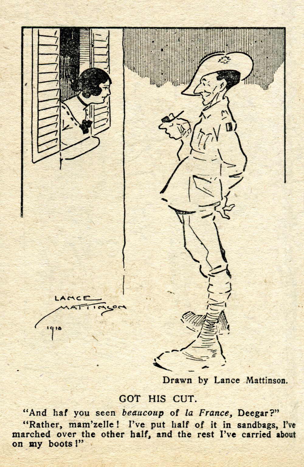 cartoon of woman looking out window at man