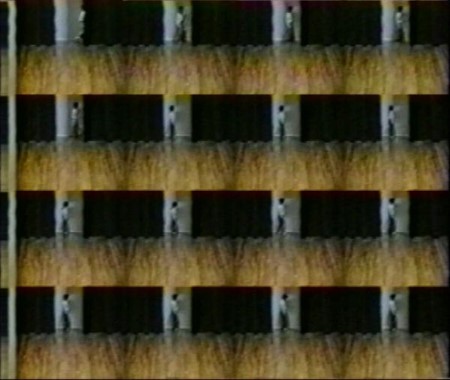 A still image of multipile frames taken from a video. A person is entering a door in a room with wooden floors and black curtains.
