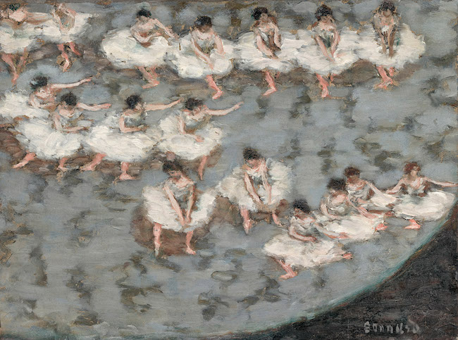 Painting of ballerinas in tutus on stage