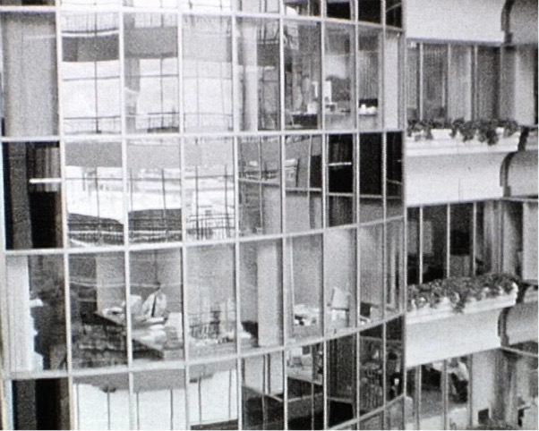 Artwork depicting a glass building