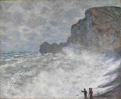 Painting of figures next to a wild sea