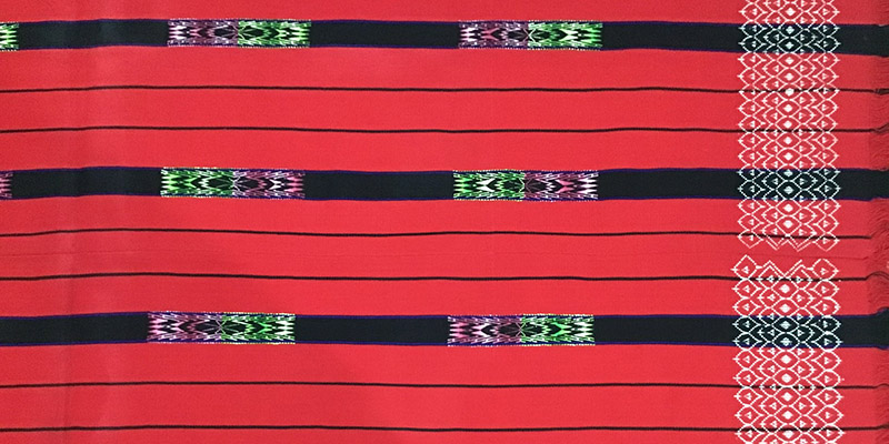 red fabric with black stripes and pink, green and white patterns.