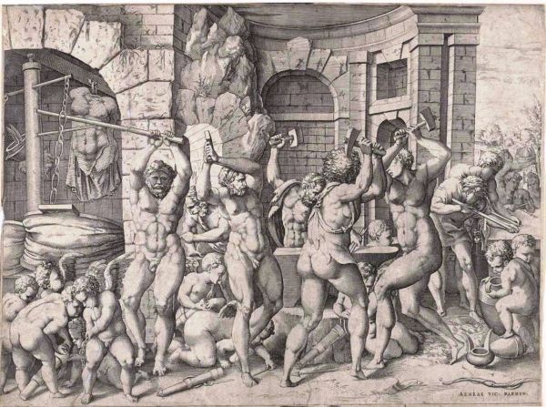 Vulcan and the cyclopes forging arrows for the cupids