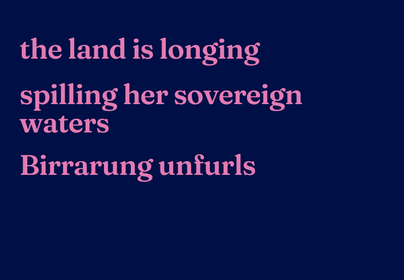 Haiku reads: the land is longing, spilling her sovereign waters, Birrarung unfurls