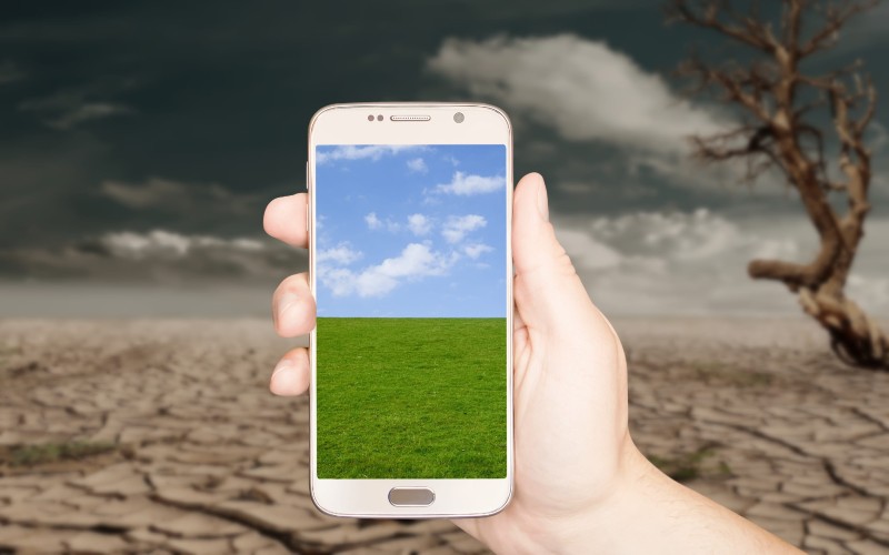 hand holding phone with stark desert background juxtaposed by luscious grass on phones screen