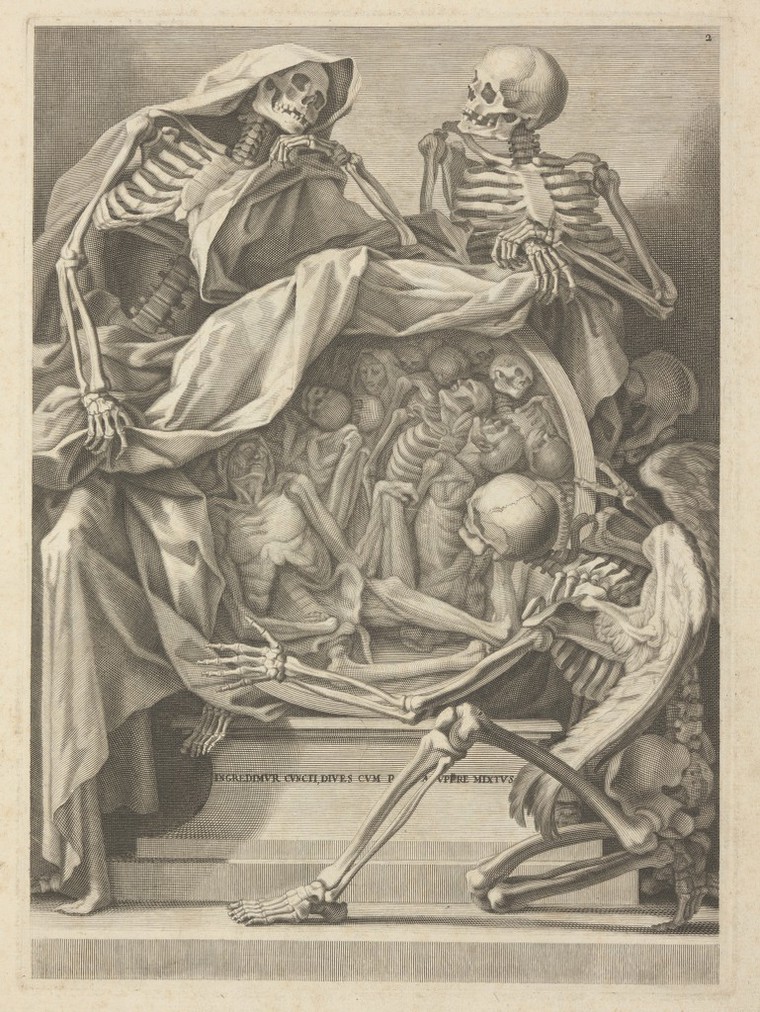 Death, symbolism: three skeletons with roundel of corpses. Wellcome Collection. Source: Wellcome Collection.