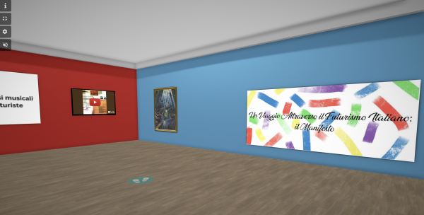 Virtual gallery interior with red and blue walls displaying Italian Futurism exhibition content and colourful artwork.