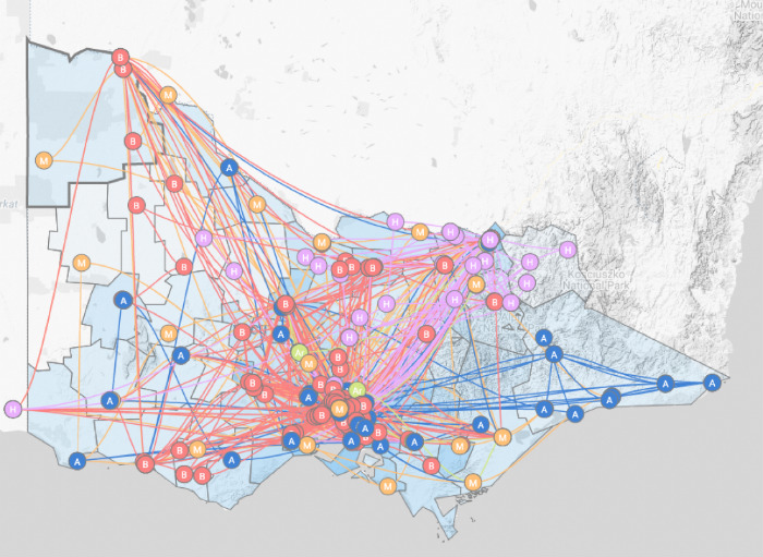 a map of the paths taken by travelling theatre groups across the state of Victoria in Australia