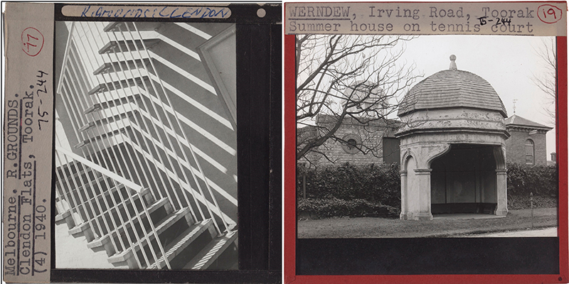 Lantern Slide Collection. Left: Grounds, Roy (Architect), photographer unknown, Clendon Flats, 1940. Right: Dunn, Alfred (Architect), Werndew (1887), Irving Road Toorak (demolished c. 1955), photographer unknown.